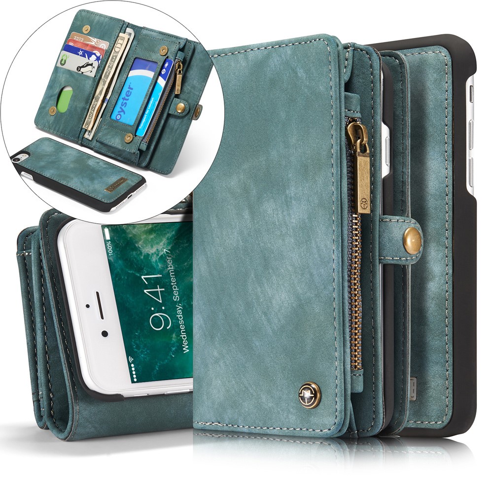 Caseme 008 Serie 2-in-1 Multi-lott Ranos Gran Capacidad Case de Cuero Vintage PU Para Iphone 7 / 8 / SE (2020) / SE (2022) - Azul