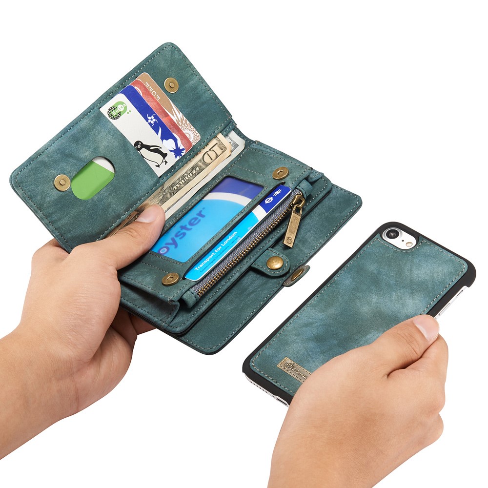 Caseme 008 Serie 2-in-1 Multi-lott Ranos Gran Capacidad Case de Cuero Vintage PU Para Iphone 7 / 8 / SE (2020) / SE (2022) - Azul