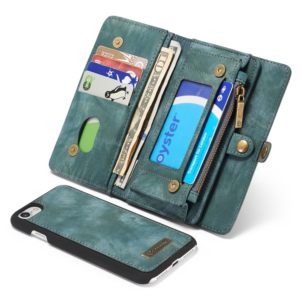 Caseme 008 Serie 2-in-1 Multi-lott Ranos Gran Capacidad Case de Cuero Vintage PU Para Iphone 7 / 8 / SE (2020) / SE (2022) - Azul