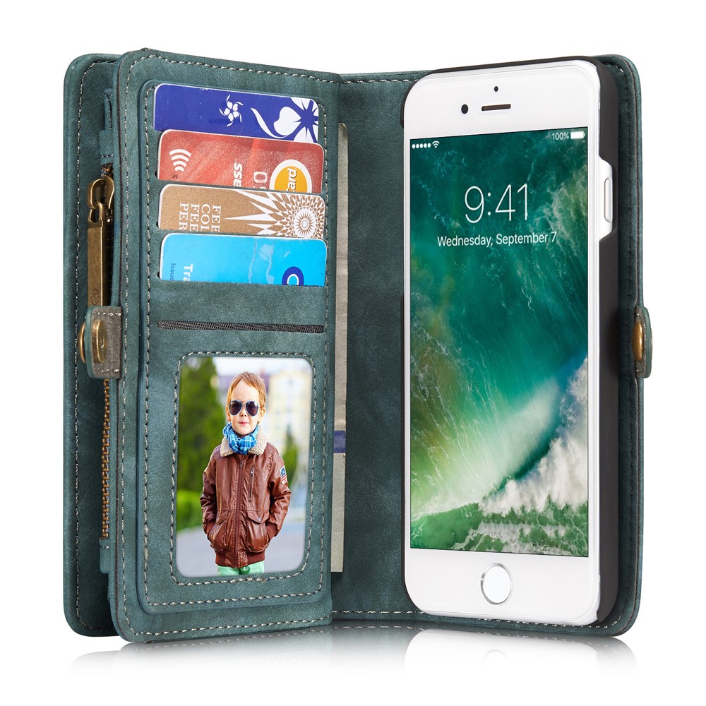 Caseme 008 Serie 2-in-1 Multi-lott Ranos Gran Capacidad Case de Cuero Vintage PU Para Iphone 7 / 8 / SE (2020) / SE (2022) - Azul