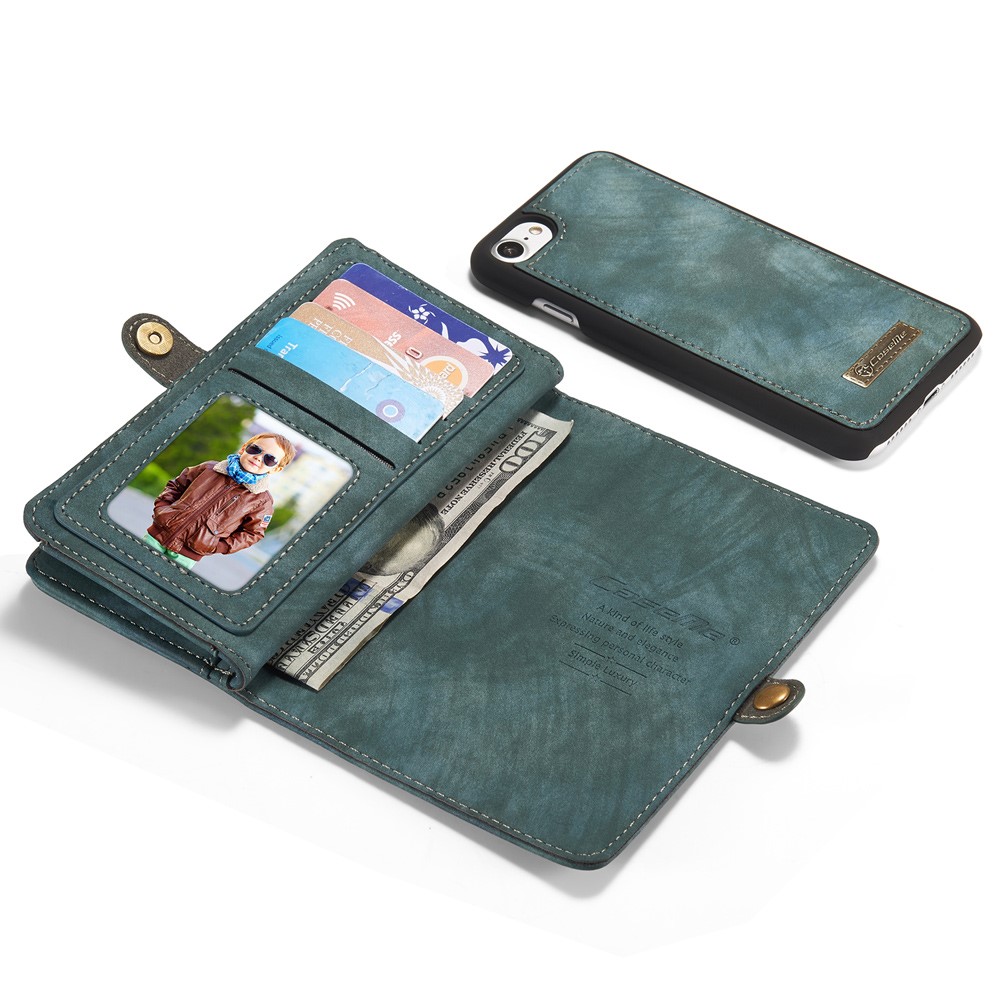 Caseme 008 Serie 2-in-1 Multi-lott Ranos Gran Capacidad Case de Cuero Vintage PU Para Iphone 7 / 8 / SE (2020) / SE (2022) - Azul