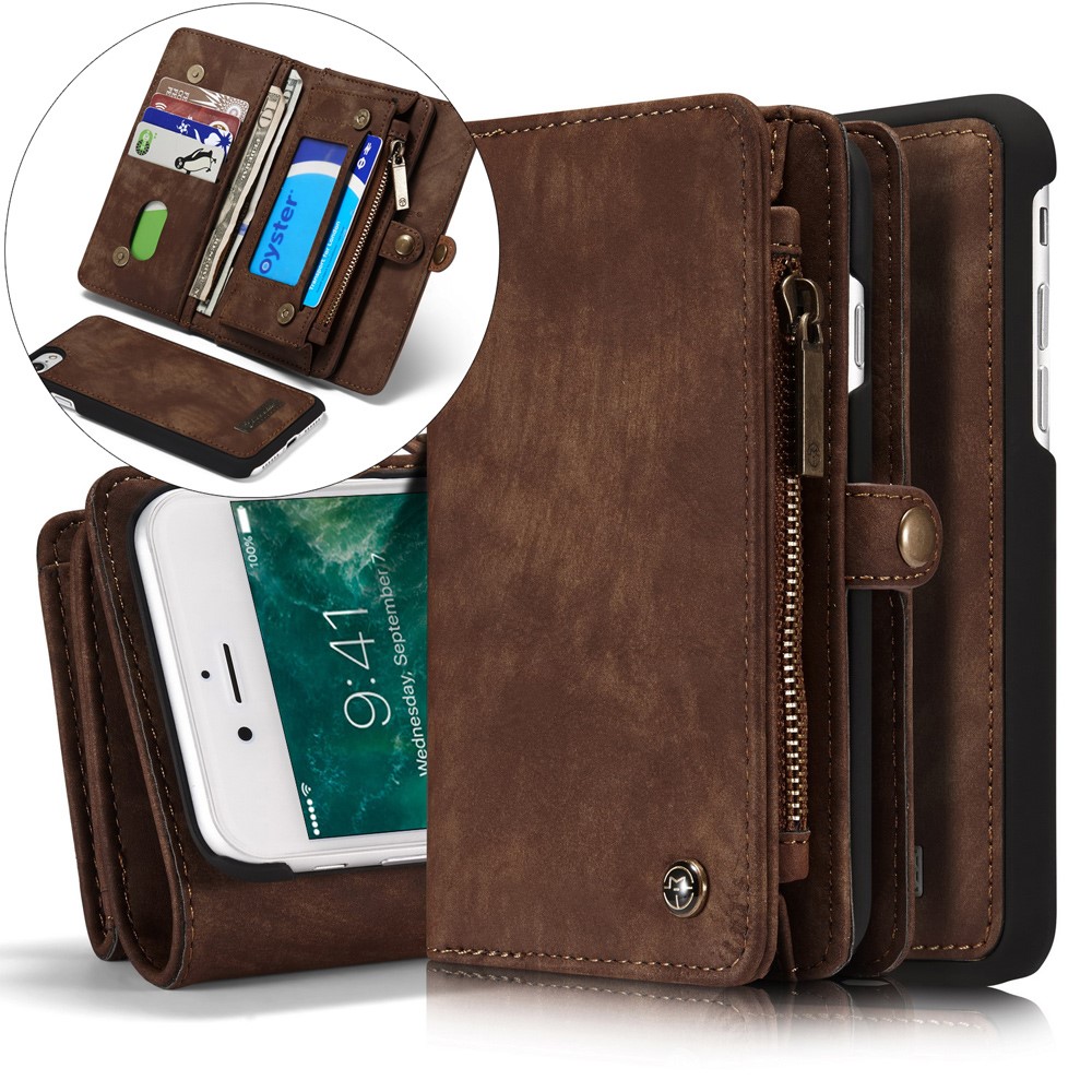 Caseme 008 Serie 2-in-1 Multi-lott Ranos Gran Capacidad Case de Cuero Vintage PU Para Iphone 7 / 8 / SE (2020) / SE (2022) - Marrón