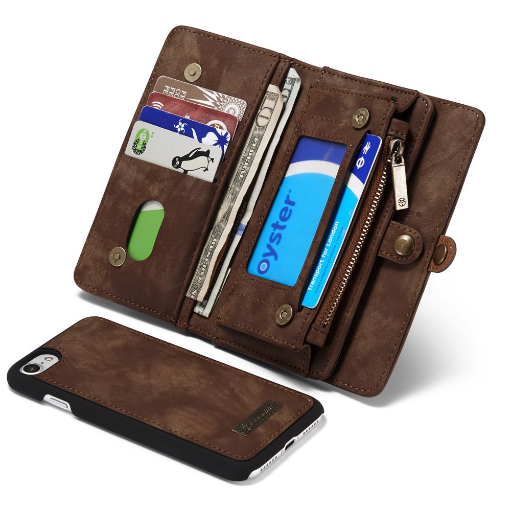 Caseme 008 Serie 2-in-1 Multi-lott Ranos Gran Capacidad Case de Cuero Vintage PU Para Iphone 7 / 8 / SE (2020) / SE (2022) - Marrón