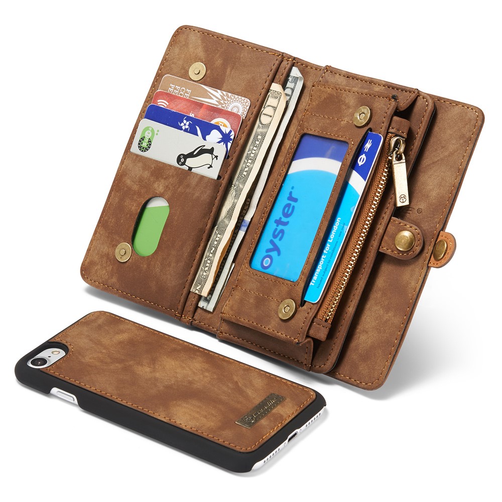 Caseme 008 Serie 2-in-1 Multi-lott Ranos Gran Capacidad Case de Cuero Vintage PU Para Iphone 7 / 8 / SE (2020) / SE (2022) - Marrón