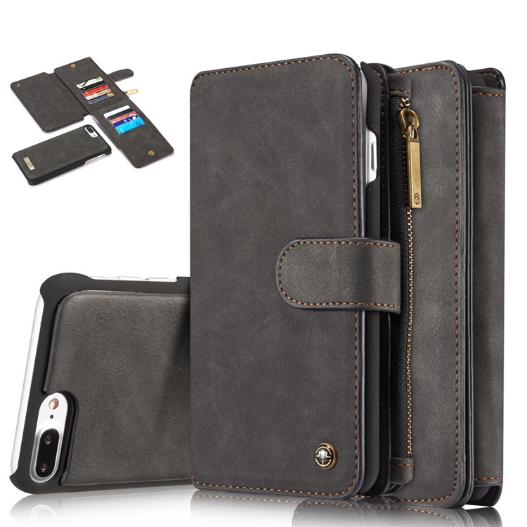 CASEME Para Iphone 8 Plus / 7 Plus 14 Ranuras Billetera Desmontable 2 En 1 PC Funda De Cuero Genuina Dividida - Negro-1