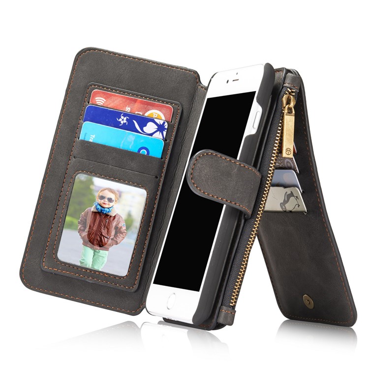 CASEME Para Iphone 8 Plus / 7 Plus 14 Ranuras Billetera Desmontable 2 En 1 PC Funda De Cuero Genuina Dividida - Negro-15