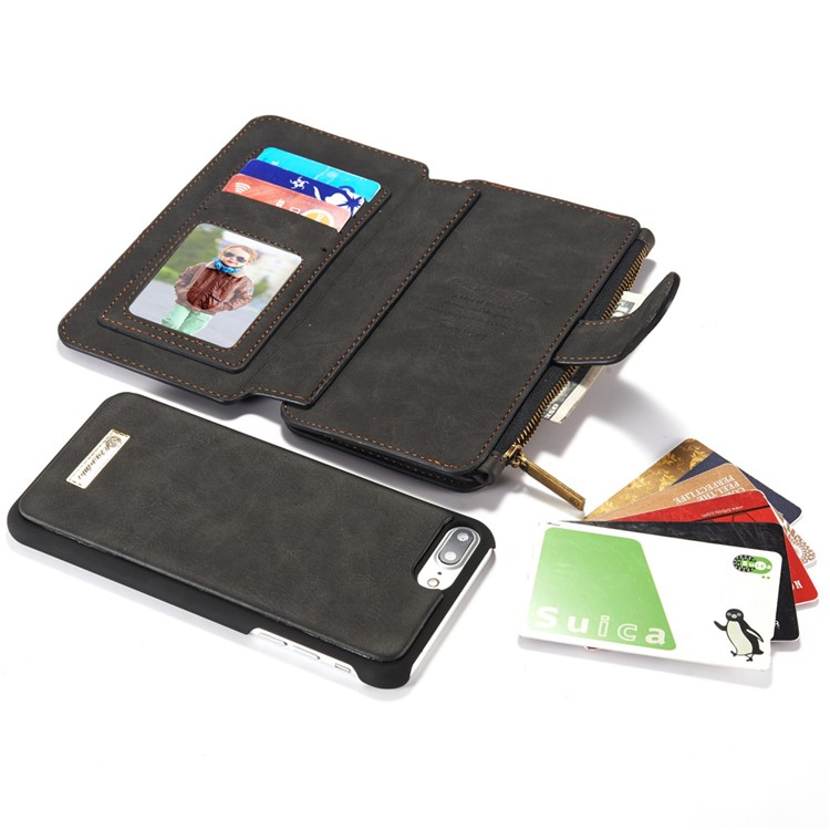 CASEME Para Iphone 8 Plus / 7 Plus 14 Ranuras Billetera Desmontable 2 En 1 PC Funda De Cuero Genuina Dividida - Negro-18