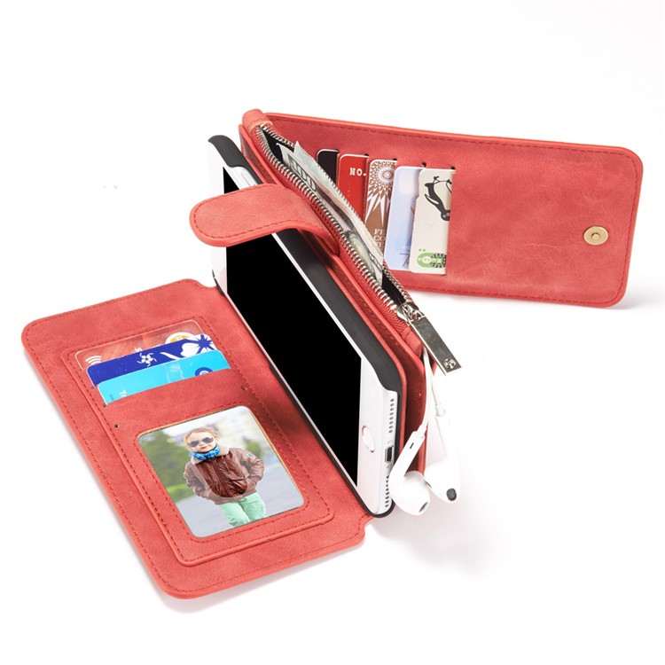 CASEME pour iPhone 8 Plus / 7 Plus 14 Slots Wallet 2-à la place de qqn-1 housse interne pour ordinateur portable en cuir véritable divisé - rouge-14