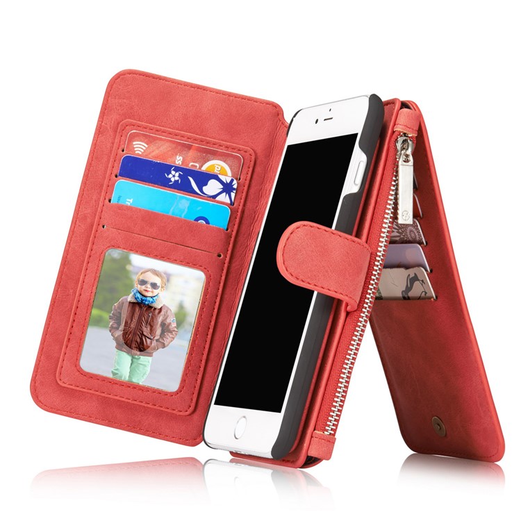 CASEME pour iPhone 8 Plus / 7 Plus 14 Slots Wallet 2-à la place de qqn-1 housse interne pour ordinateur portable en cuir véritable divisé - rouge-15