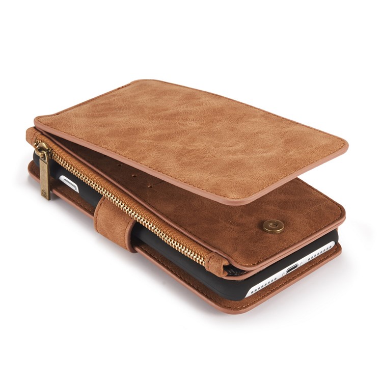 CASEME para iPhone 8 Plus / 7 Plus 2-in-1 Inner PC 14 Slots Genuine Split Leather Wallet Case - Castanho-11