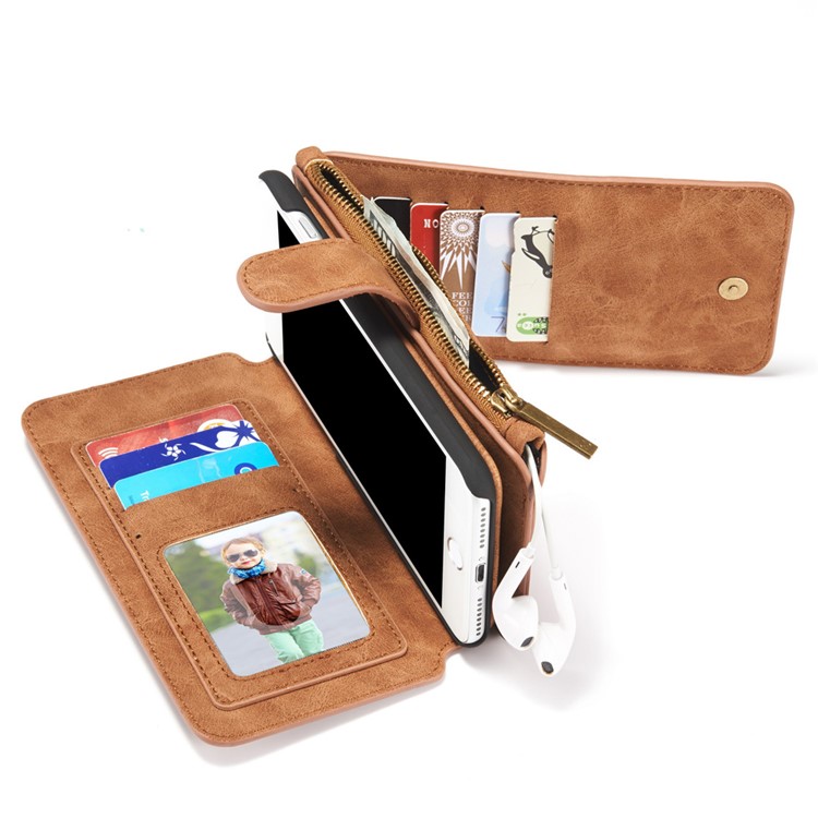 CASEME para iPhone 8 Plus / 7 Plus 2-in-1 Inner PC 14 Slots Genuine Split Leather Wallet Case - Castanho-14