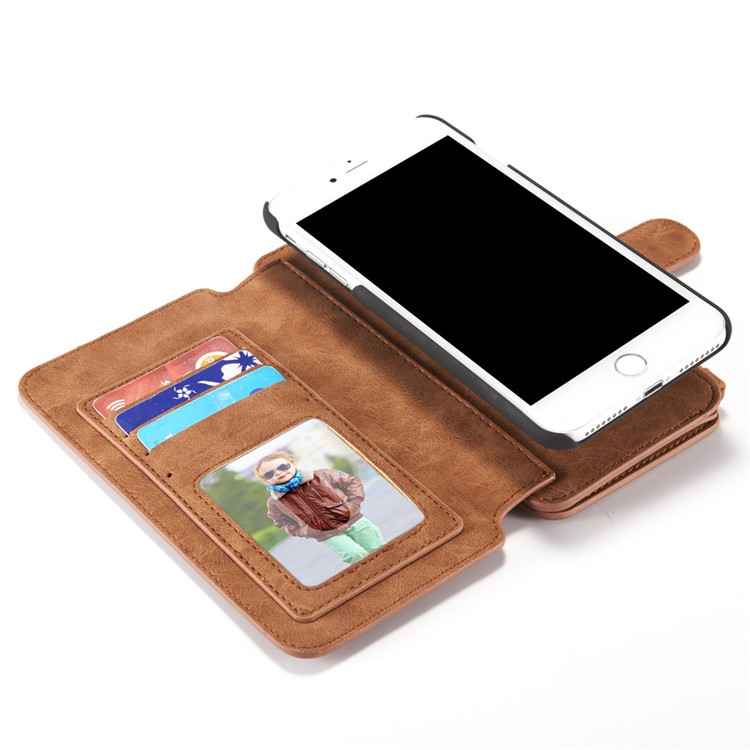 CASEME para iPhone 8 Plus / 7 Plus 2-in-1 Inner PC 14 Slots Genuine Split Leather Wallet Case - Castanho-16