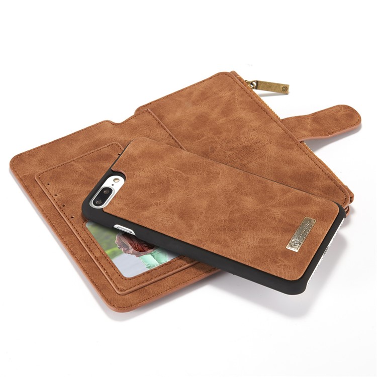 Casema Para IPhone 8 Plus / 7 Más 2-en-1 Interna PC 14 Ranuras Caja De Cartera De Cuero Dividida Genuina - Marrón