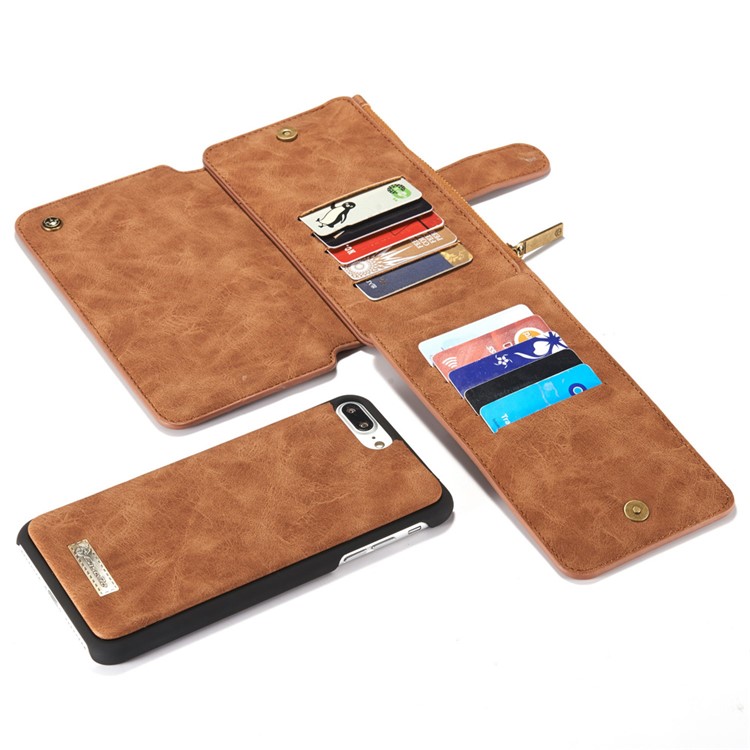 Caseme Para IPhone 8 Plus / 7 Mais 2-em-1 PC Interno 14 Slots Genuíno Caso De Carteira De Couro Dividido - Castanho