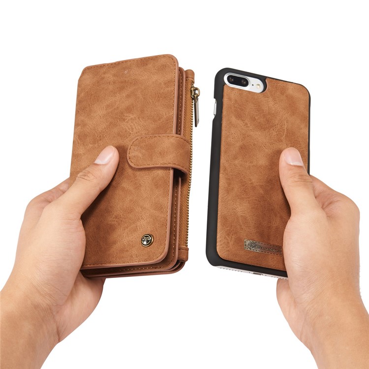 CASEME para iPhone 8 Plus / 7 Plus 2-in-1 Inner PC 14 Slots Genuine Split Leather Wallet Case - Castanho-20