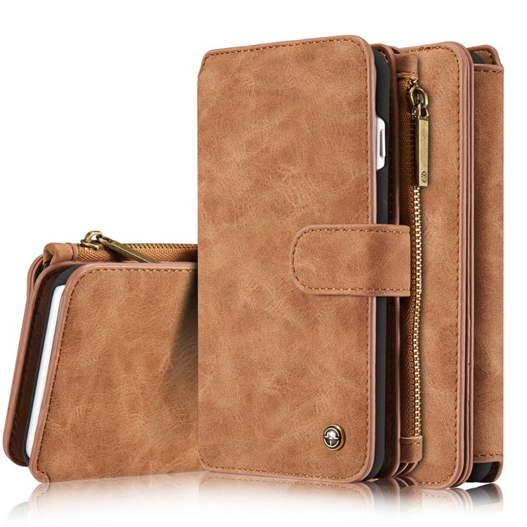 CASEME para iPhone 8 Plus / 7 Plus 2-in-1 Inner PC 14 Slots Genuine Split Leather Wallet Case - Castanho-22