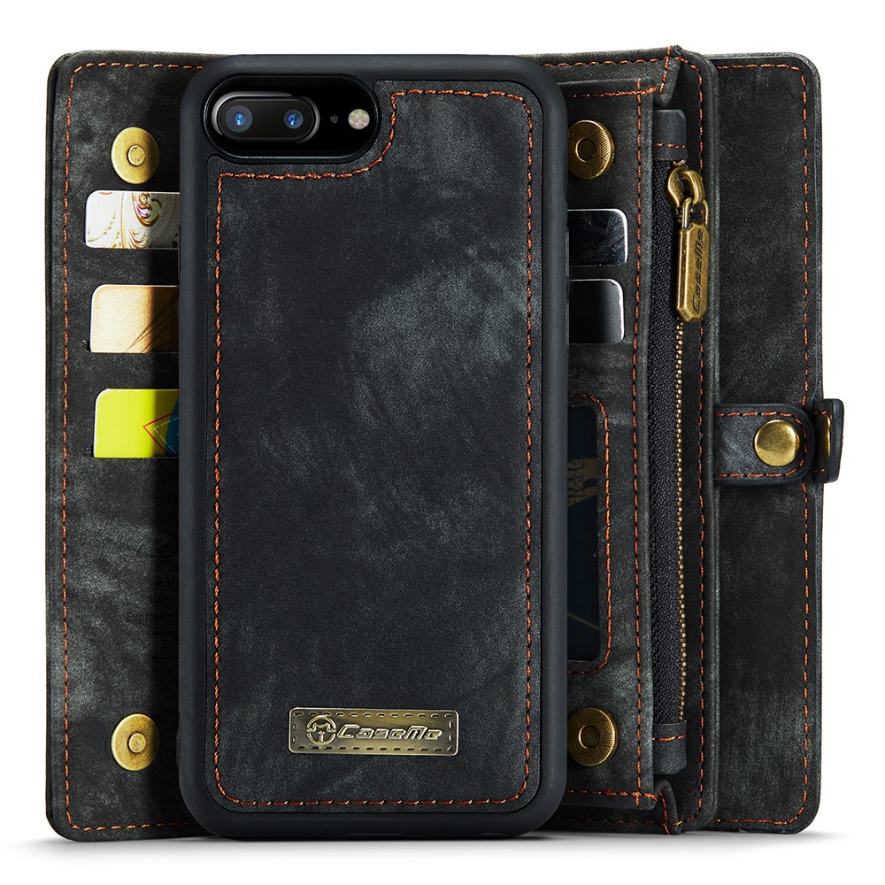 CASEME Vintage PU Leather Case for iPhone 8 Plus / 7 Plus, 008 Series 2-in-1 PC Multi-slot Wallet Phone Case - Black-3