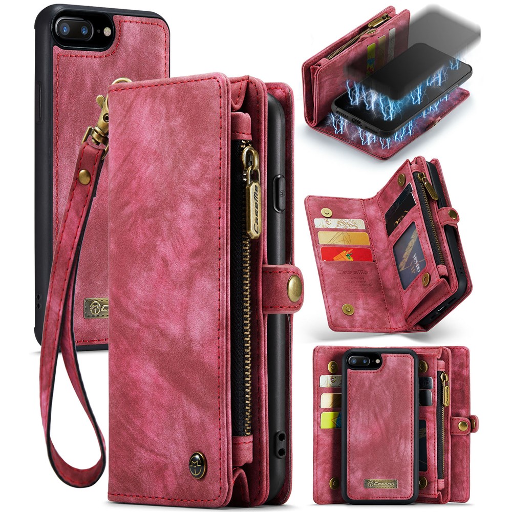 CASEME for iPhone 8 Plus / 7 Plus Multi-slot Wallet 2-in-1 PC Vintage Split Leather Cover - Red-1