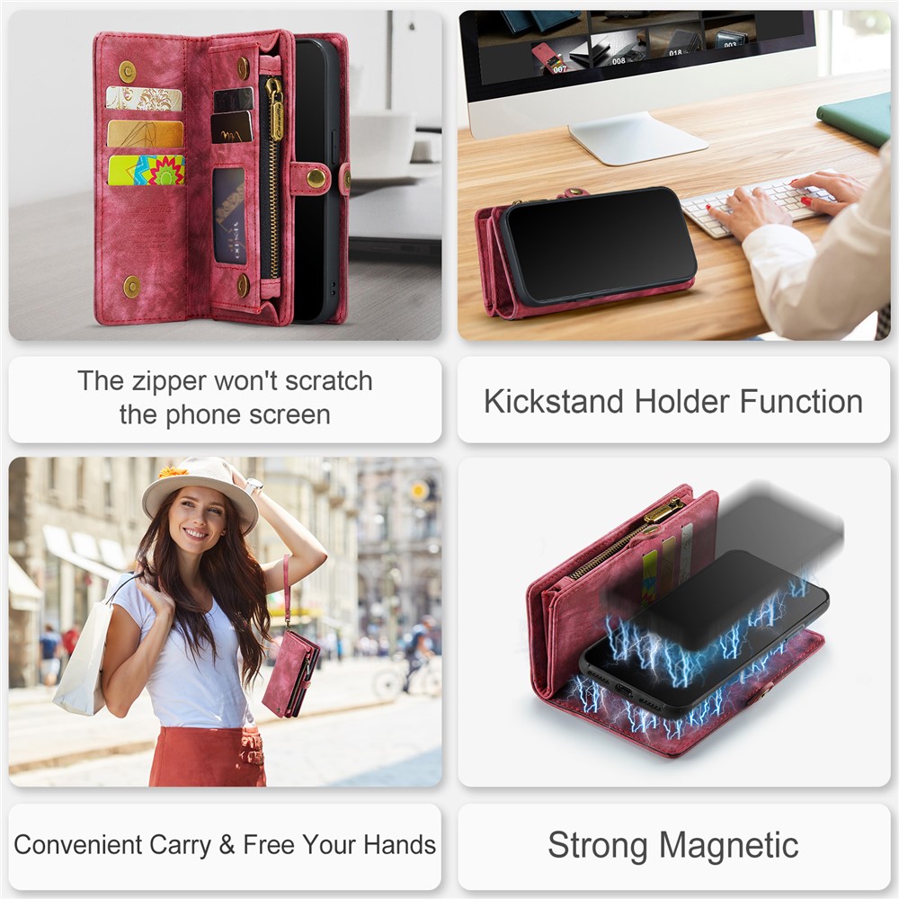 CASEME for iPhone 8 Plus / 7 Plus Multi-slot Wallet 2-in-1 PC Vintage Split Leather Cover - Red-12