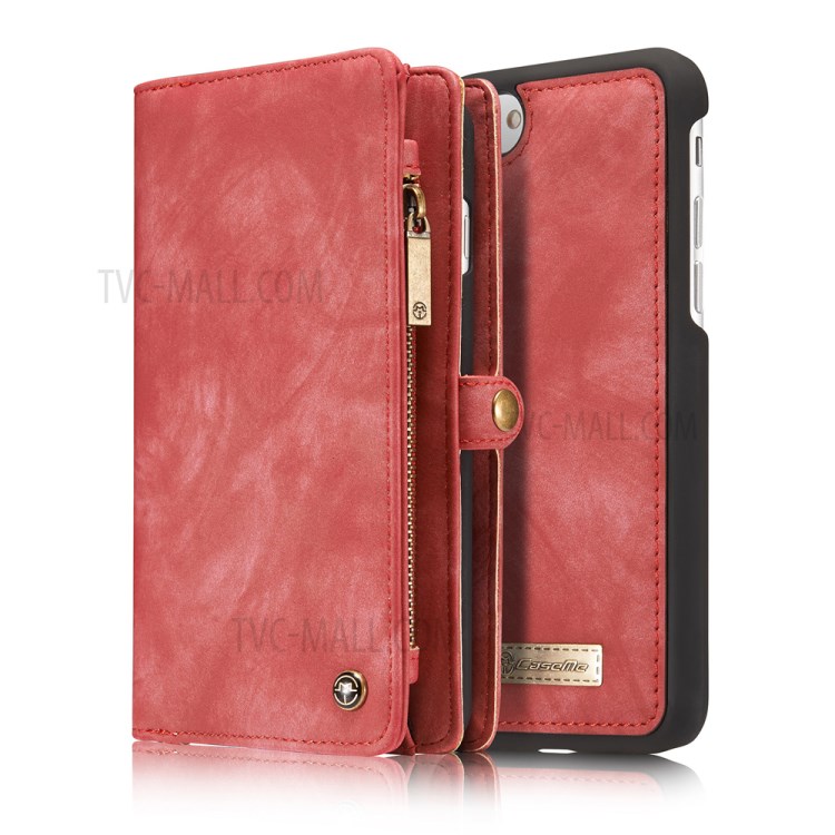CASEME for iPhone 8 Plus / 7 Plus Multi-slot Wallet 2-in-1 PC Vintage Split Leather Cover - Red-14