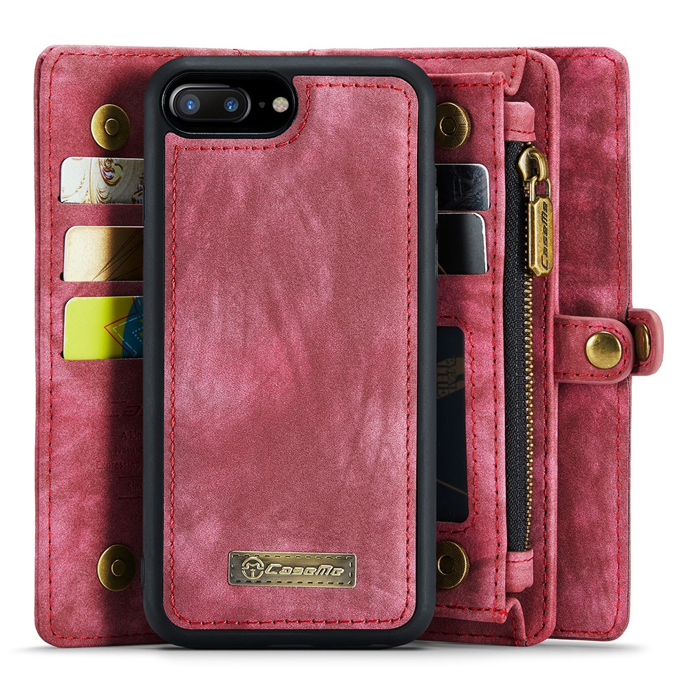 CASEME for iPhone 8 Plus / 7 Plus Multi-slot Wallet 2-in-1 PC Vintage Split Leather Cover - Red-3
