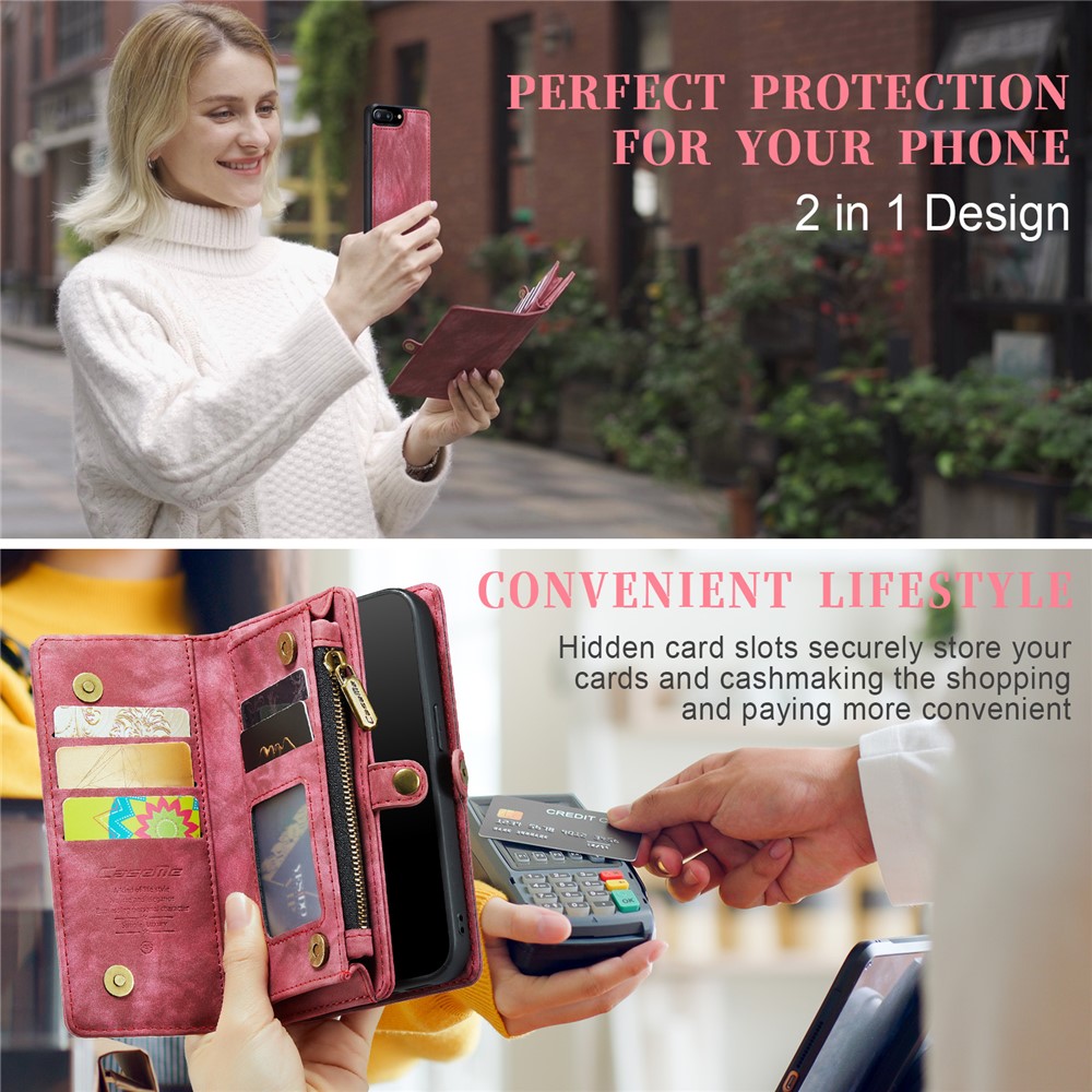CASEME for iPhone 8 Plus / 7 Plus Multi-slot Wallet 2-in-1 PC Vintage Split Leather Cover - Red-8