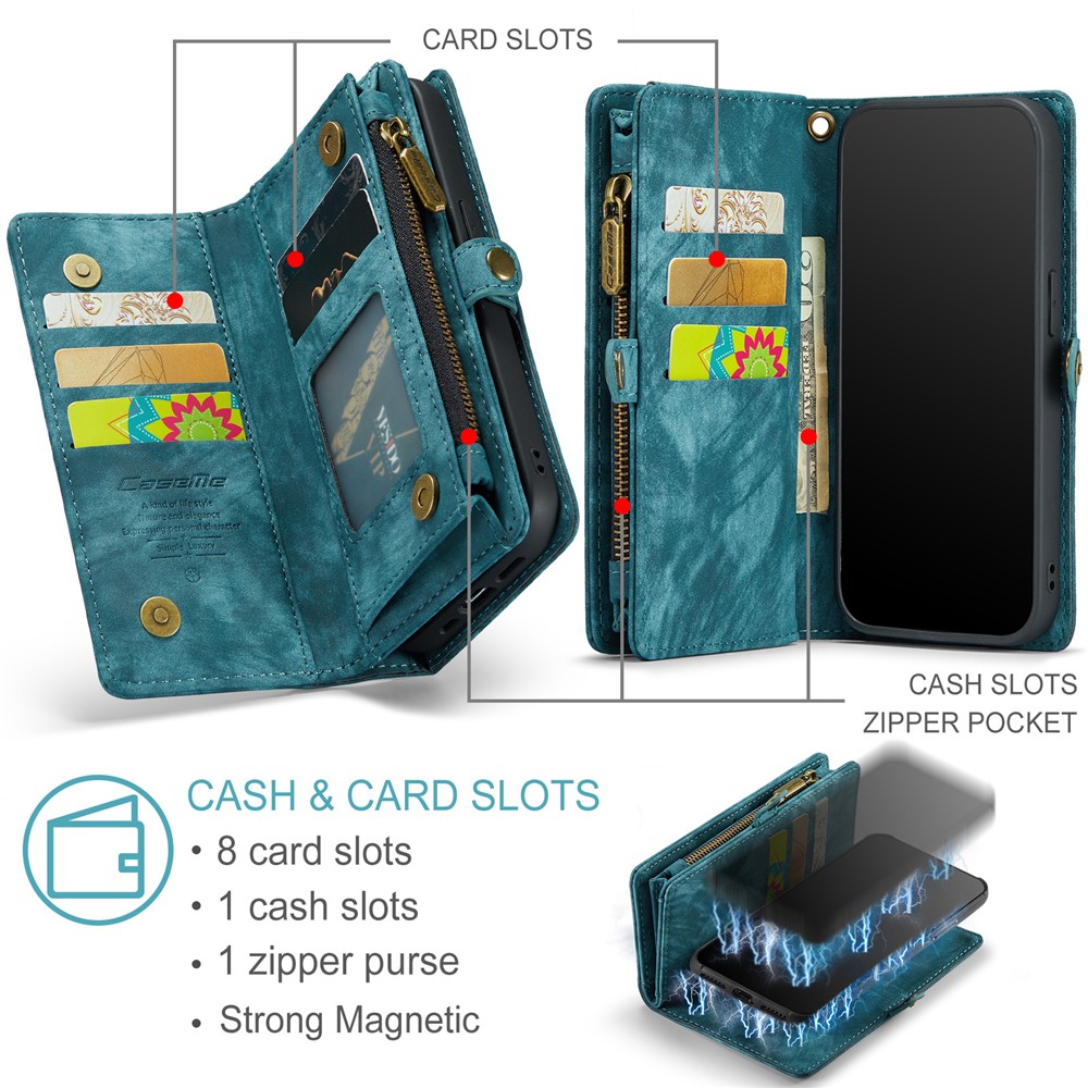 CASEME für iPhone 8 Plus / 7 Plus 2-in-1 Innen-PC + Multi-Slot Vintage Split Leder Geldbörse Fall - Blau-11