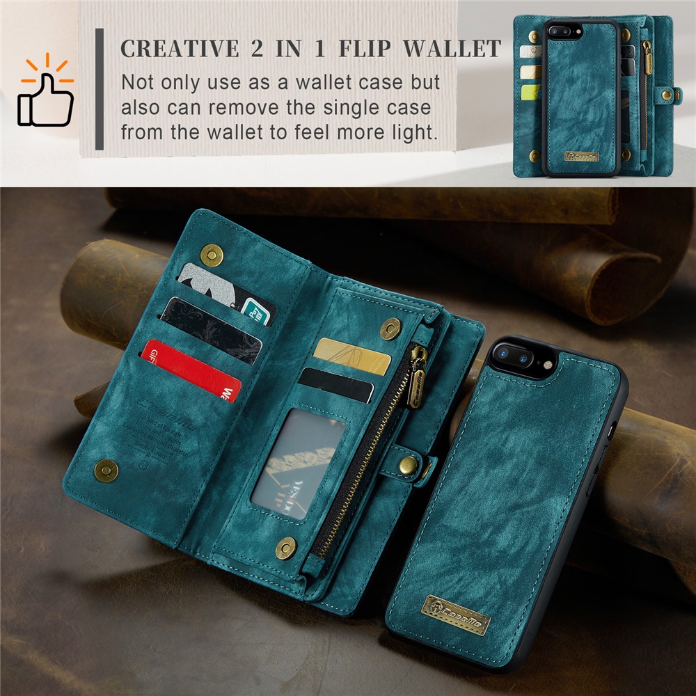 CASEME für iPhone 8 Plus / 7 Plus 2-in-1 Innen-PC + Multi-Slot Vintage Split Leder Geldbörse Fall - Blau-13