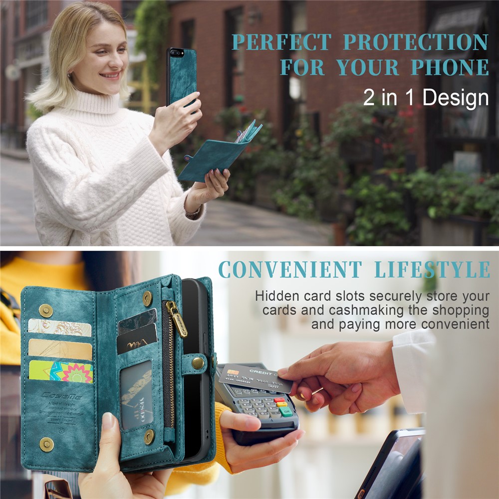 CASEME für iPhone 8 Plus / 7 Plus 2-in-1 Innen-PC + Multi-Slot Vintage Split Leder Geldbörse Fall - Blau-8