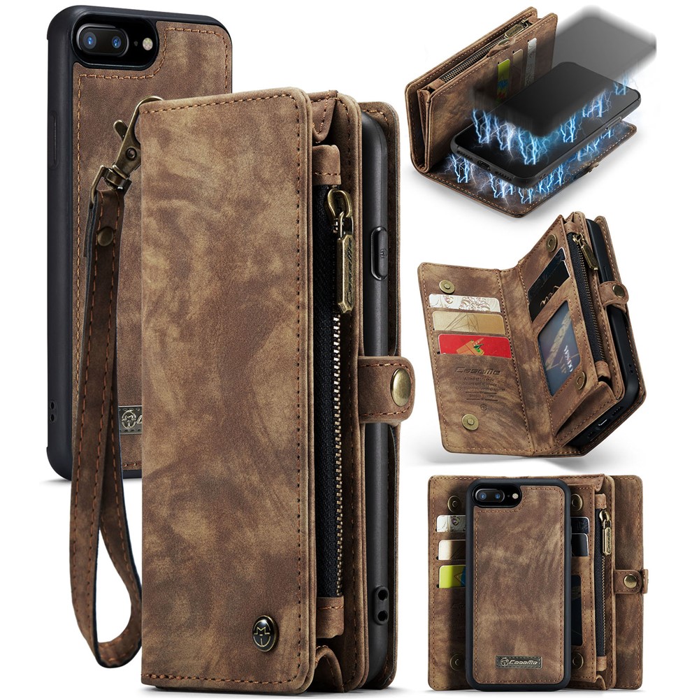 CASEME 2-in-1 PC Multi-Slot Geldbörse Vintage Split Leder Shell für iPhone 8 Plus / 7 plus - Braun-1
