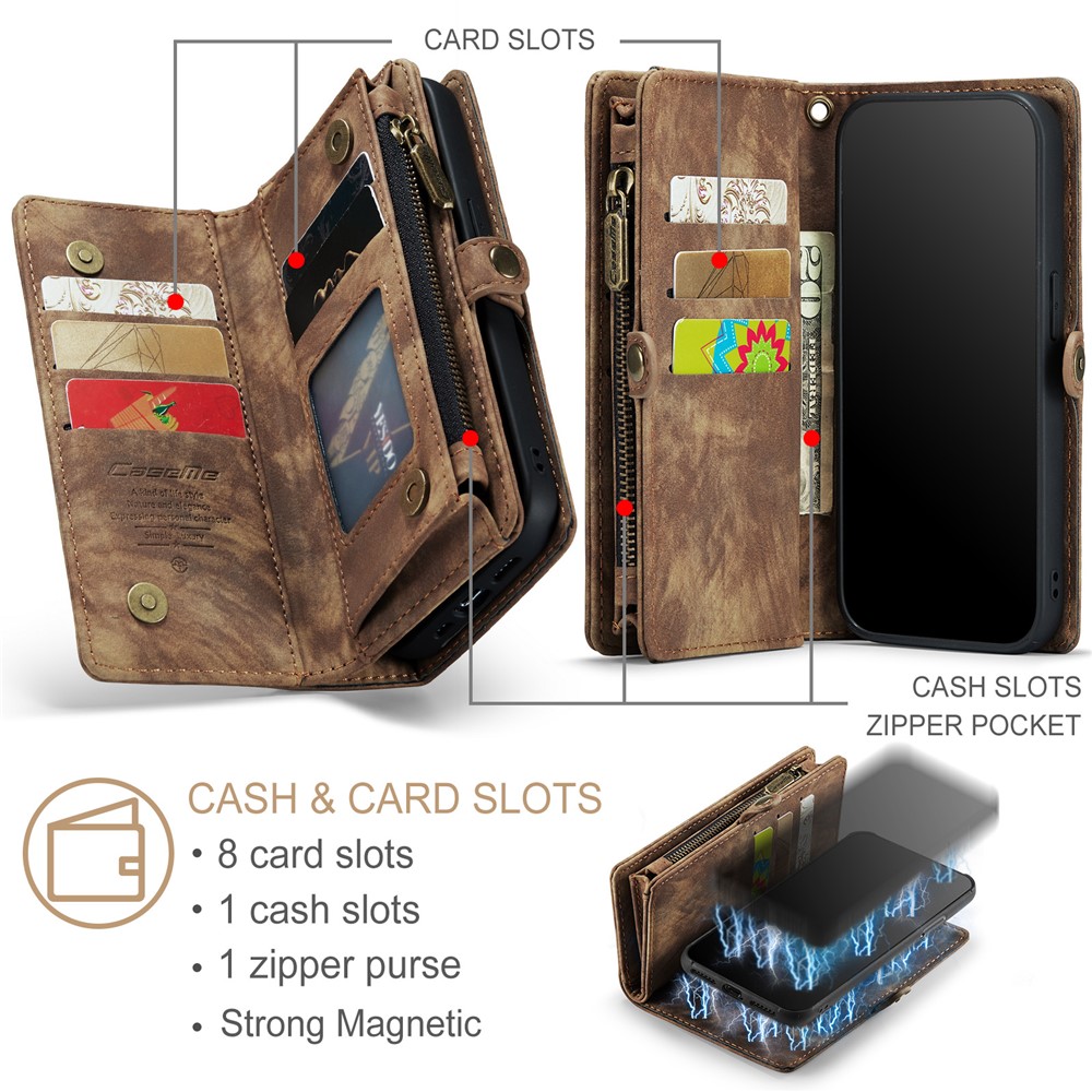 CASEME 2-in-1 PC Multi-Slot Geldbörse Vintage Split Leder Shell für iPhone 8 Plus / 7 plus - Braun-11
