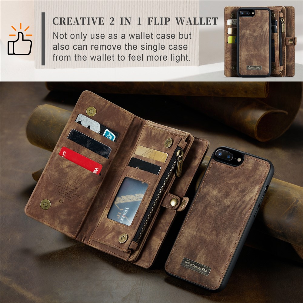 CASEME 2-in-1 PC Multi-Slot Geldbörse Vintage Split Leder Shell für iPhone 8 Plus / 7 plus - Braun-13