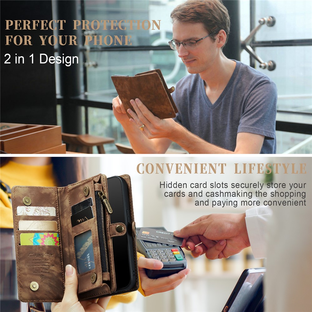 CASEME 2-in-1 PC Multi-Slot Geldbörse Vintage Split Leder Shell für iPhone 8 Plus / 7 plus - Braun-8