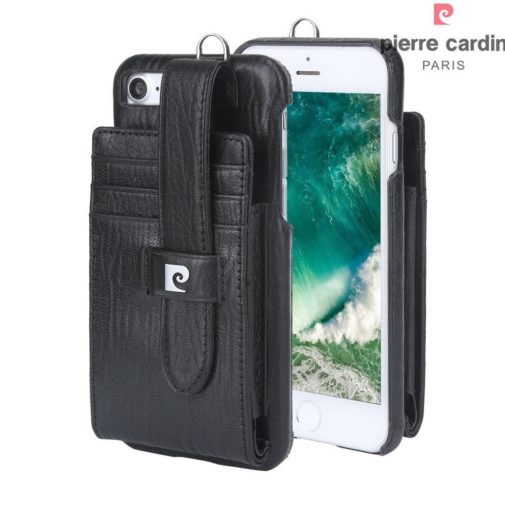 Pierre Cardin Credit/SIM Card Slot Case Rigido Rivestito in Pelle Vera Per Iphone SE (2020)/SE (2022)/8/7 4,7 Pollici - Nero