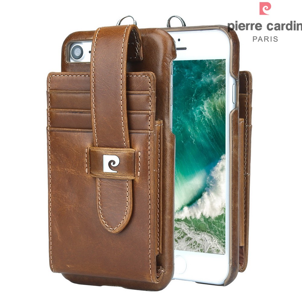 PIERRE CARDIN Echtleder Beschichtet Hardcover Kartenhalter Für IPhone 8 4.7 Zoll / 7 4,7 Zoll - Braun-1