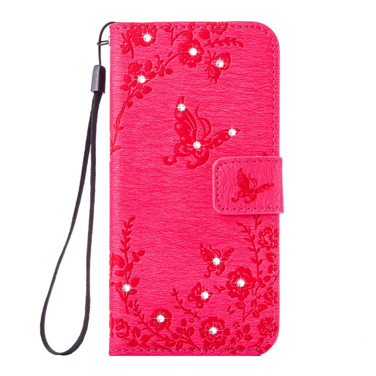 

Imprinted Rhinestone Leather Wallet Shell for iPhone 8 / 7 4.7 inch with Wrist Strap - Rose, iPhone 8 4.7 inch