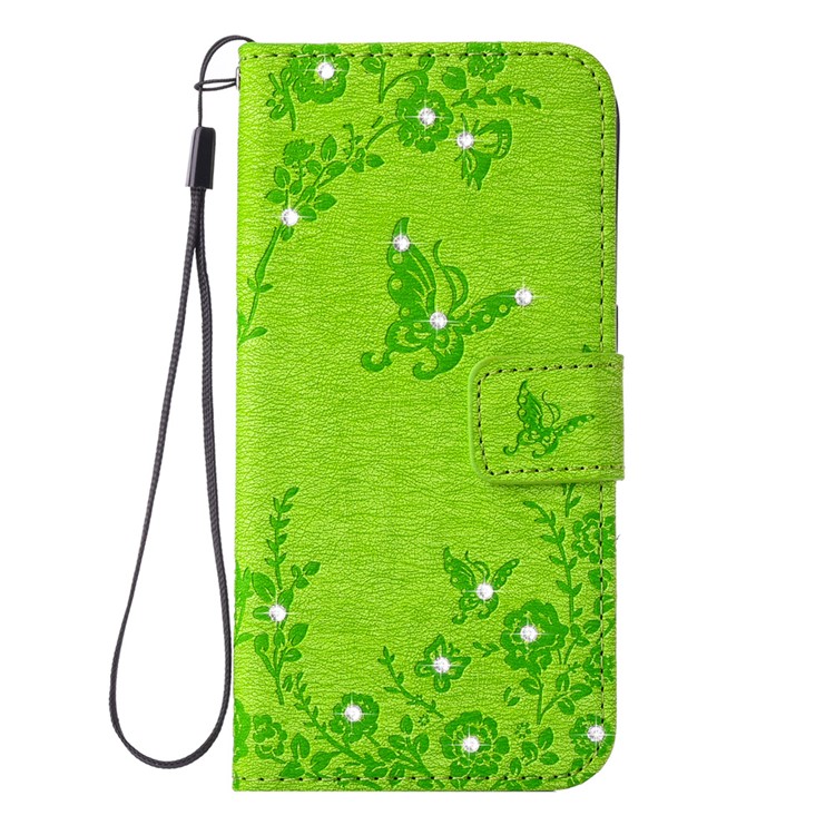 

Imprinted Rhinestone Leather Wallet Stand Shell for iPhone 8 / 7 4.7 inch with Wrist Strap - Green, iPhone 8 4.7 inch