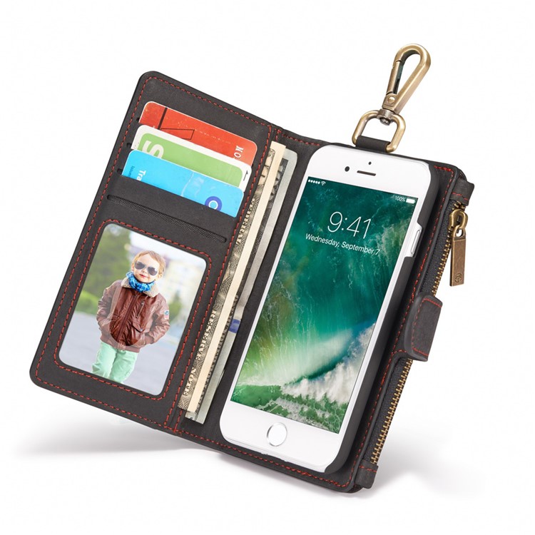 CASEME for iPhone 8 / 7 Metal Clip Wallet Retro Split Leather Cover + Detachable Inner Case - Black-11