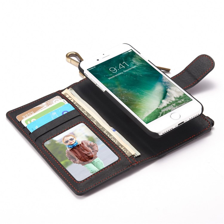 CASEME for iPhone 8 / 7 Metal Clip Wallet Retro Split Leather Cover + Detachable Inner Case - Black-14