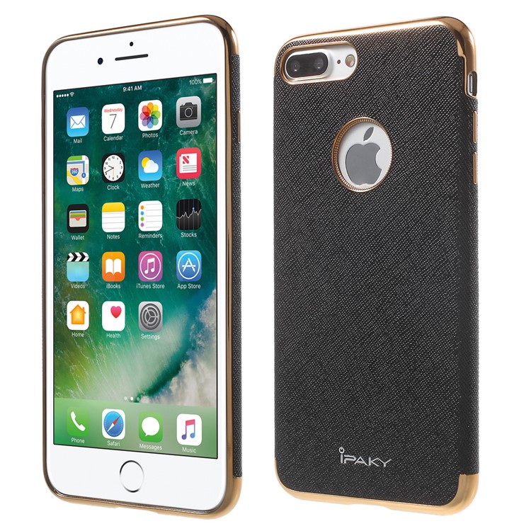 IPAKY Cross Texture Leather Coated Plating TPU Case for iPhone 7 Plus 5.5 - Black-5
