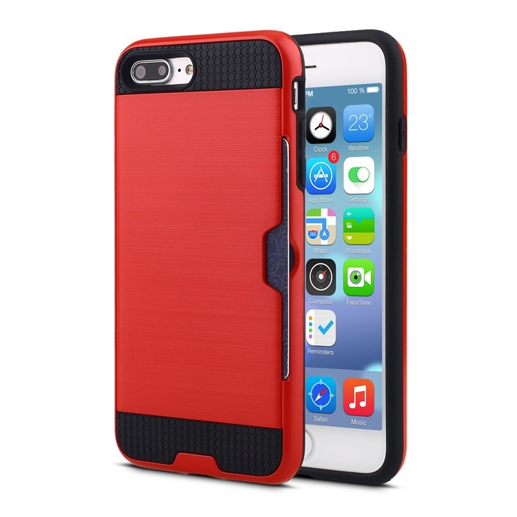 Щеткой pc + tpu гибридный защитный чехол с гнездом для карт для iphone 8 plus / 7 плюс 5,5 дюймов - красный