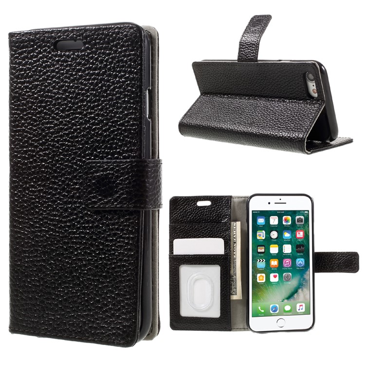 Litchi Texture Genuine Leather Wallet Stand Case for iPhone 7 - Black-1