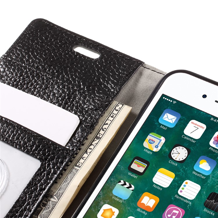 Litchi Texture Genuine Leather Wallet Stand Case for iPhone 7 - Black-1