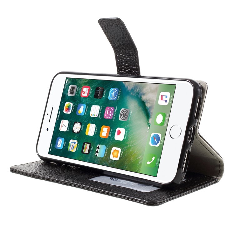 Litchi Texture Genuine Leather Wallet Stand Case for iPhone 7 - Black-1
