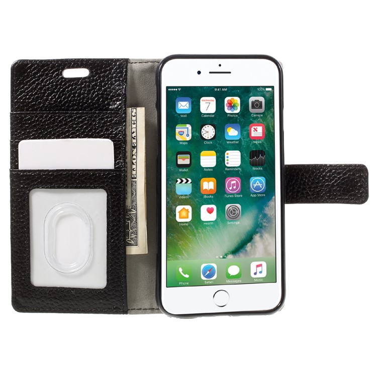 Litchi Texture Genuine Leather Wallet Stand Case for iPhone 7 - Black-1