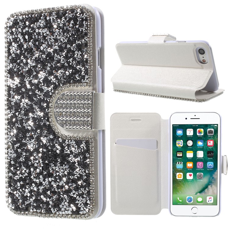 Diamond Decor Silk Texture Leather Stand Card Slot Case for iPhone 7 4.7 - Black-1