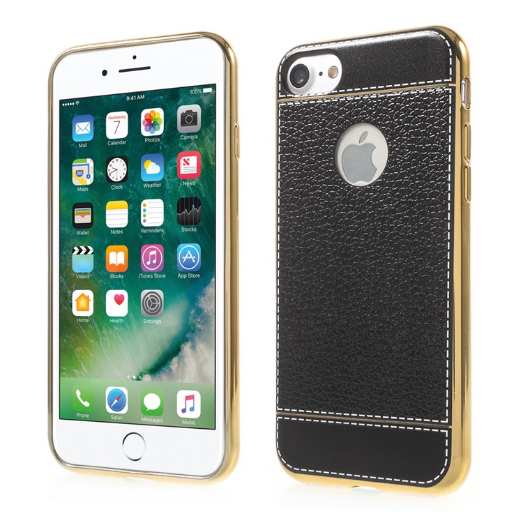 PU Leather Coated Plating TPU Case for iPhone 7 - Black-1