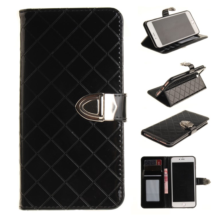 Metal Button Grid Pattern Leather Wallet Case for iPhone 7 Plus 5.5 - Black-1