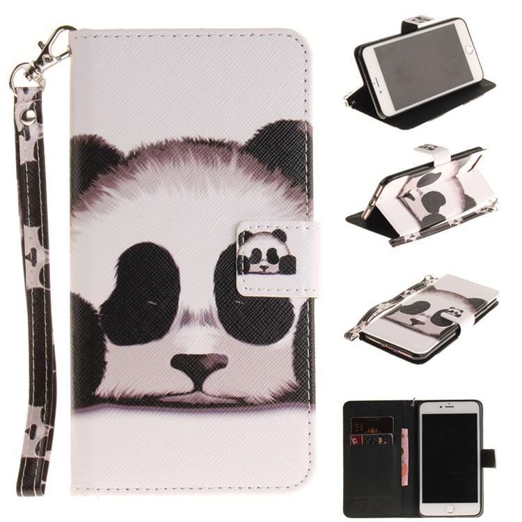 Pattern Printing Leather Wallet Stand Cover with Wrist Strap for iPhone 7 Plus 5.5 - Panda-1