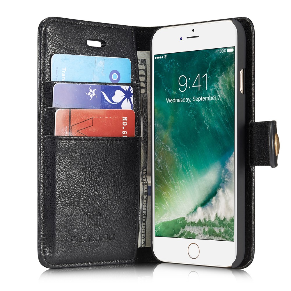 DG.MING Split Leather Wallet Cover with Detachable PC Back Shell for iPhone SE (2020) / SE (2022) / 8 / 7 - Black-6